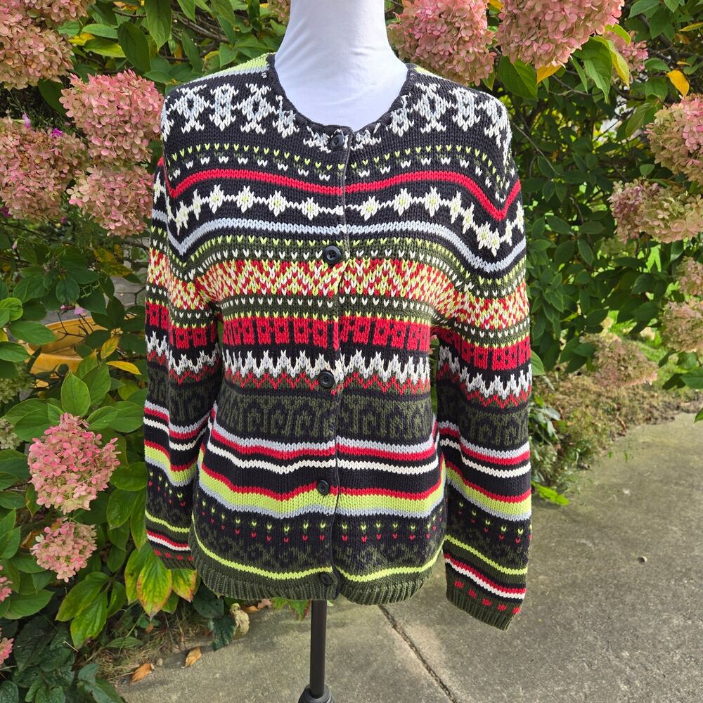 Field Gear Olive Green Multicolor Fair Isle Button Front Cardigan size Medium